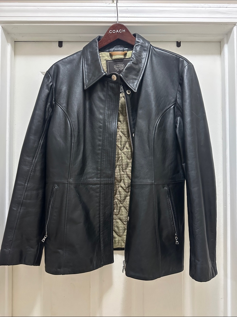 Coach Black Leather Jacket with Quilted Signature C  Interior
